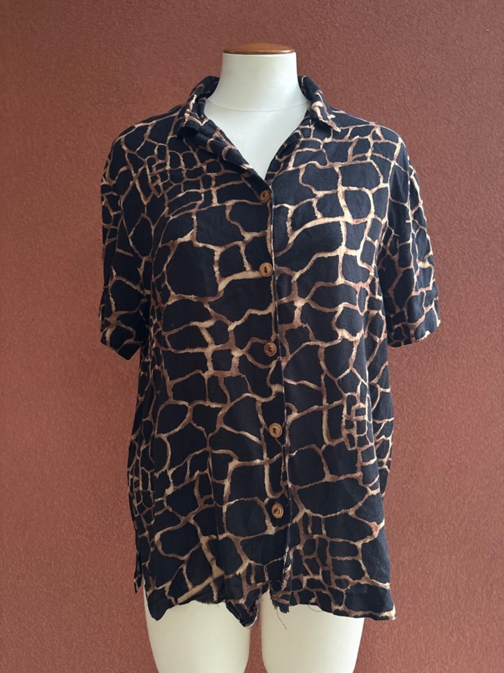 Vintage Black and Tan Giraffe-Print Button-Down Top